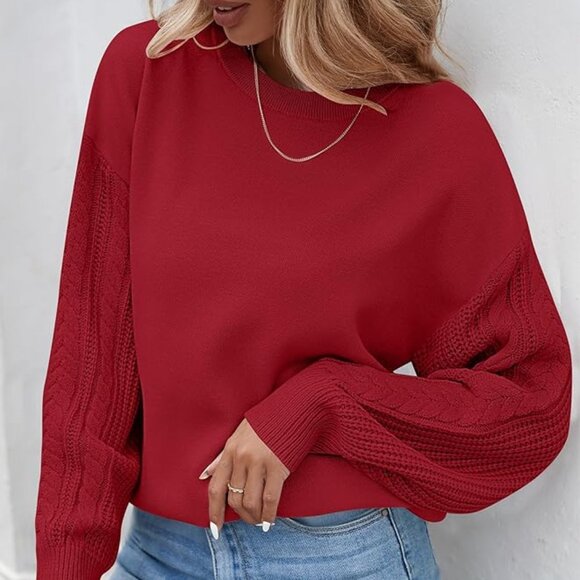 Women's M Red Long Sleeve Sweater Solid Color Cable Knit Crew Neck Casual Chunky - Picture 1 of 7